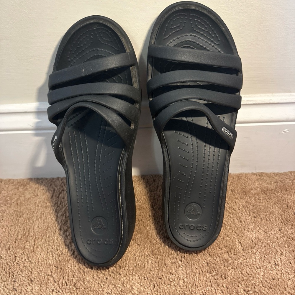 Crocs Rhonda Women's Wedge Sandal Black Slip On Strappy  Slides Size 10